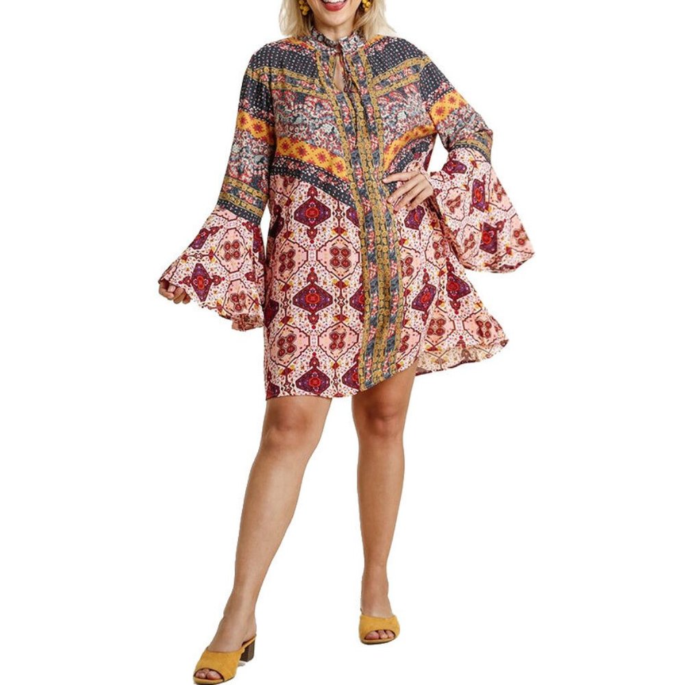 Plus Boho Gypsy Bell Sleeve Babydoll Tunic Dress - Picture 2 of 6